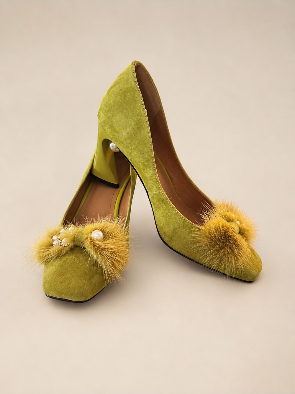 Olive Green Statement Heels | Pearl Block Heel | Suede Pumps | Size 7.5